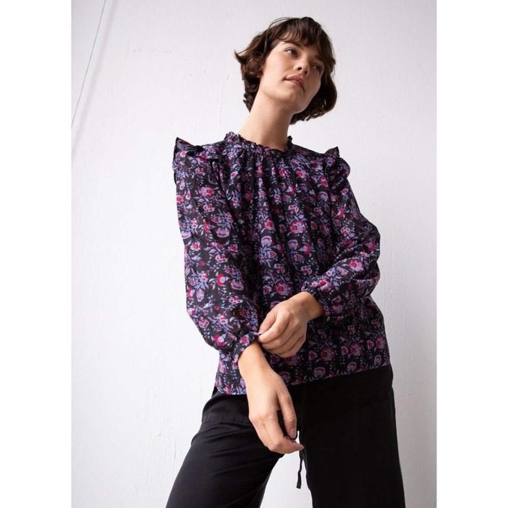 Xirena Lanie Top Women S Dark Floral Paisley Ruffle Feminine Romantic Silk Blend